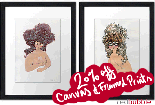 Two framed illustrations of plump women with finely detailed hair with handwritten text, "20% off Canvas & Framed Prints"