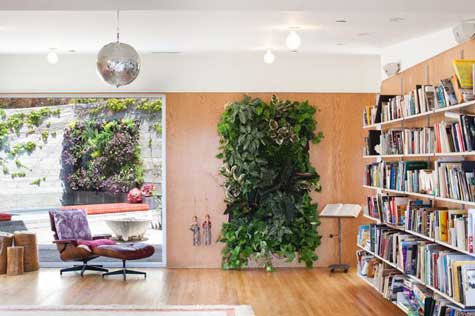 Photo of a living room with a window revealing a garden on the left, a vertical hanging garden in the centre and a bookcase to the right.