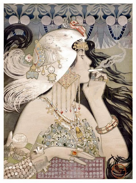 An art nouveau era posta for Job cigarette papers in which a young pale skinned woman in a helmet and lots of jewels smokes a cigarette as her hair flicks around her.