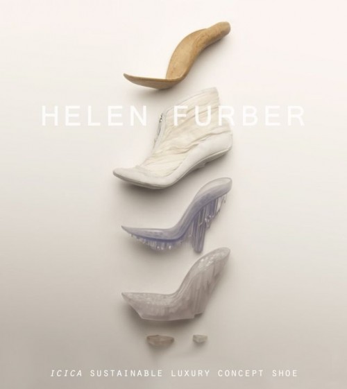 Four conceptual shoes on their sides are positioned in a kind of totem pole. The top is the last, second is a white boot upper with no heel, third is the sole and heel in a stalactite style, and the fourth is a similar stalactite style sole and heel.