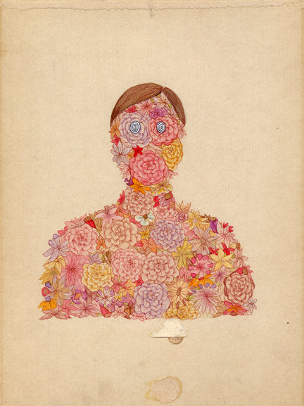 An illustration on aged paper of the torso of a man with neat parted hair, his silhouette is filled with flowers coloured lilac, pink and yellow.