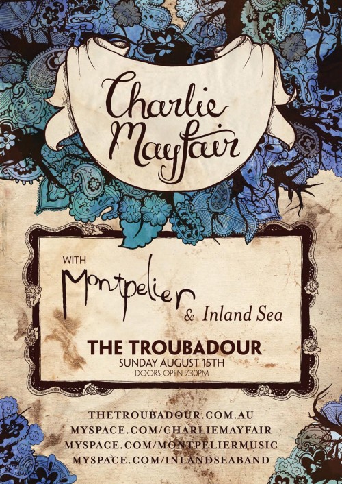 A gig poster I designed with cream textured paper, blue green foliage and a ribbon that says "Charlie Mayfair" in hand lettering. 