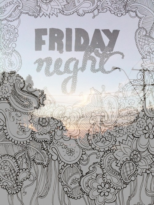 A photo of a sunset in suburbia with doodling and hand lettering superimposed over the top. The text says "Friday night".