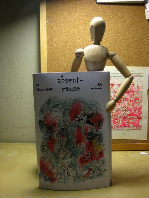Cover of Absent Cause zine, features an illustration with lots of detailed linework depicting people swimming with red splotches.