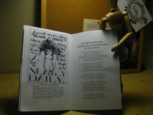 Inside Absent Cause zine, on the left is my illustration "Neatly daily" with a blurb about me.