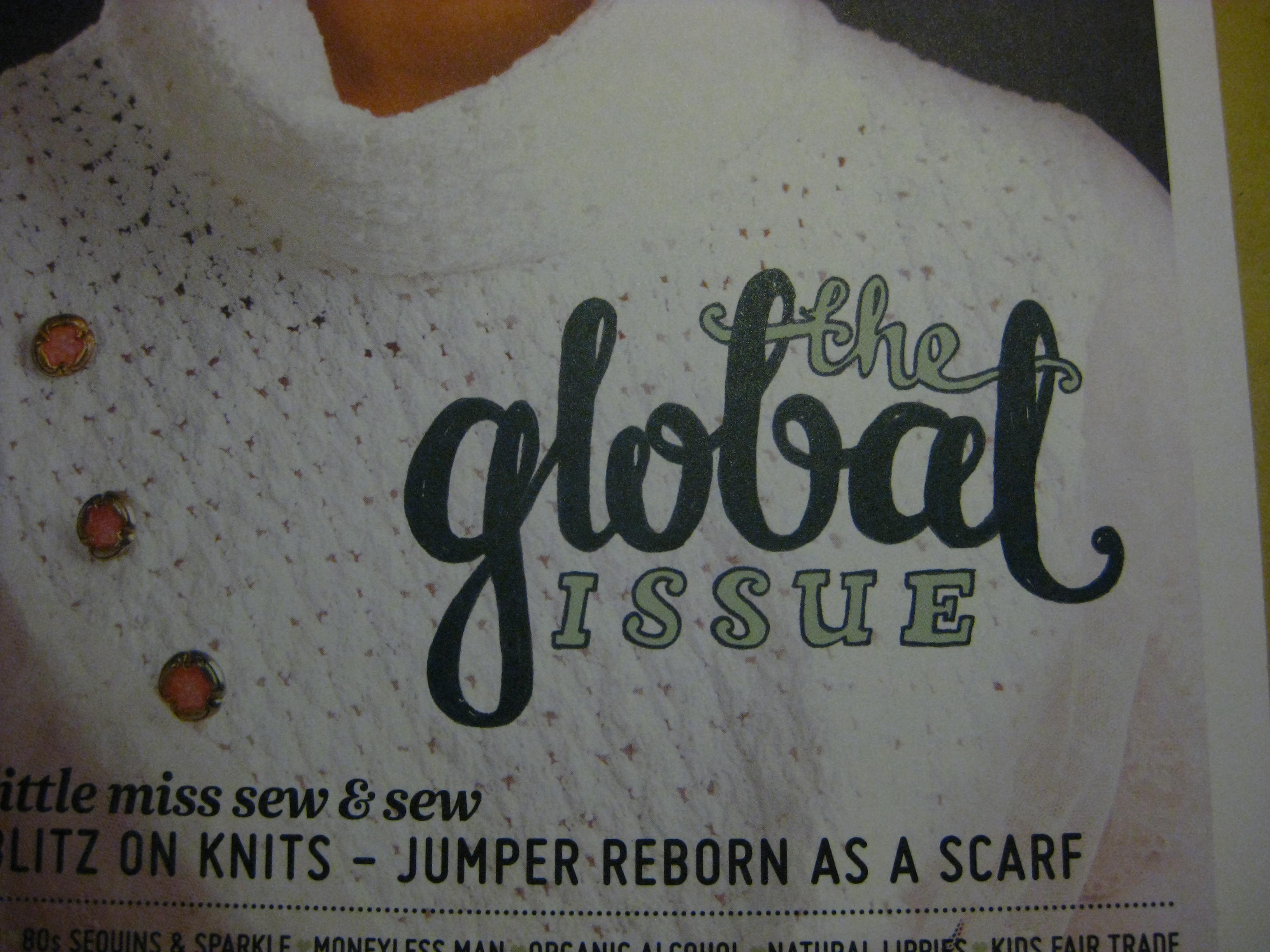 Detailed shot of my lettering saying "the global issue" on the front of Peppermint.