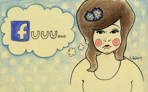 An Illustration of a brown haired chubby girl with rosy cheeks and a thought bubble that says "fuuu..." The f is illustrated like Facebook's logo font.