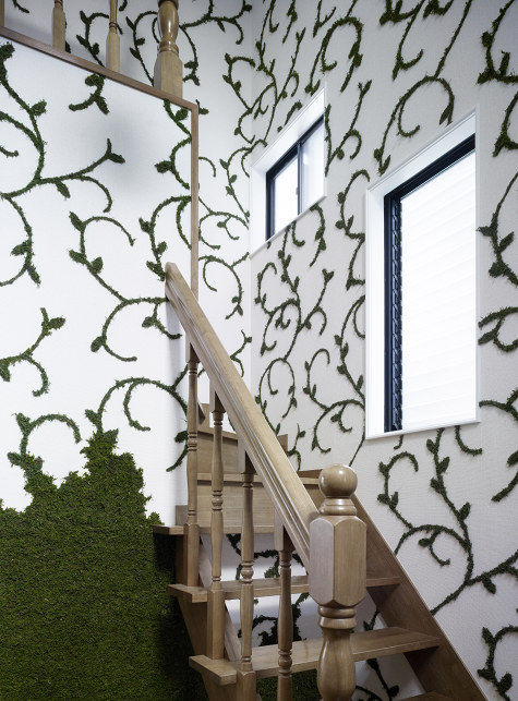 Photo shows a wooden staircase ascending behind a white wall that is covered in a tendril-like pattern that is actually formed by growing moss. 