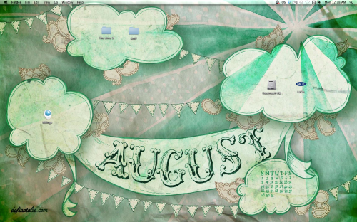 Hand drawn desktop design with green toned starburst, clouds, paisley and bunting with a banner saying "AUGUST".