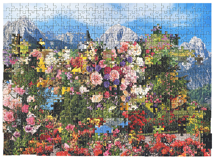 A puzzle that looks to be of sky and mountains but explodes with the colour of lots of different flowers.