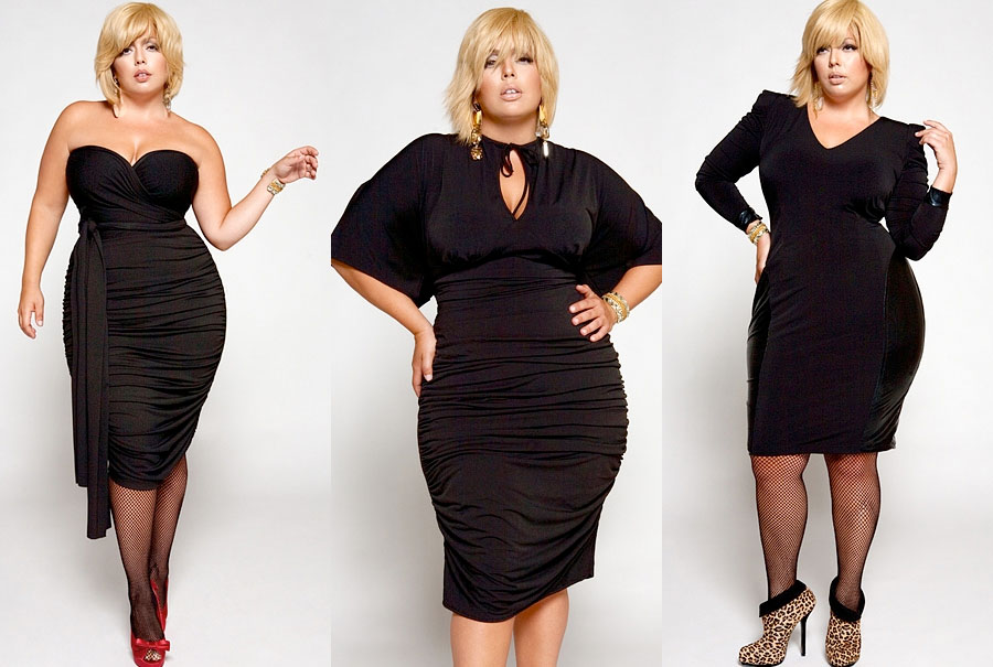 Collage of Fluvia Lacerda, a hot honey-skinned plus size model wearing three little black dresses by Monif C.
