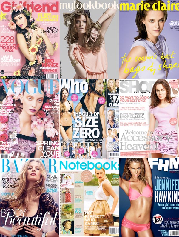 Collage of magazines like Vogue, Harpers Bazaar, Girlfriend etc with thin, young, able bodied white women on the covers.