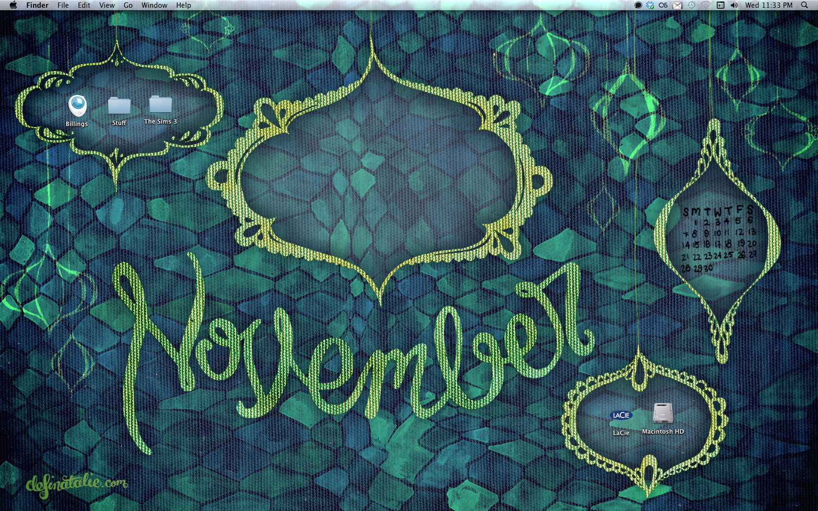 Preview image of green and blue dark fishnet patterned wallpaper with gold textured frames hanging from the top of the image. A big loopy lettered "November" sits in the centre.