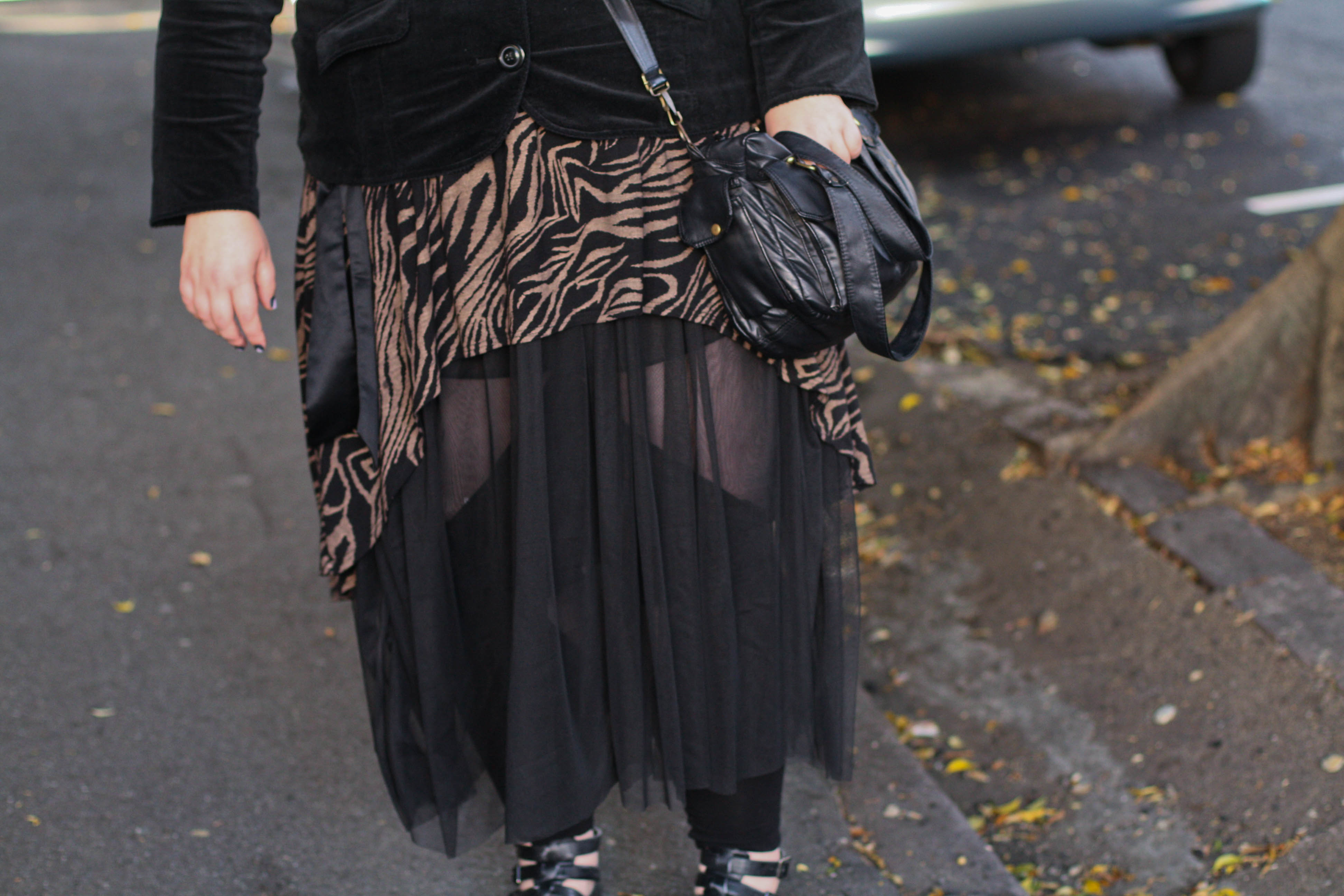 How to circumvent that pesky “no tights as pants” issue with a sheer skirt.*