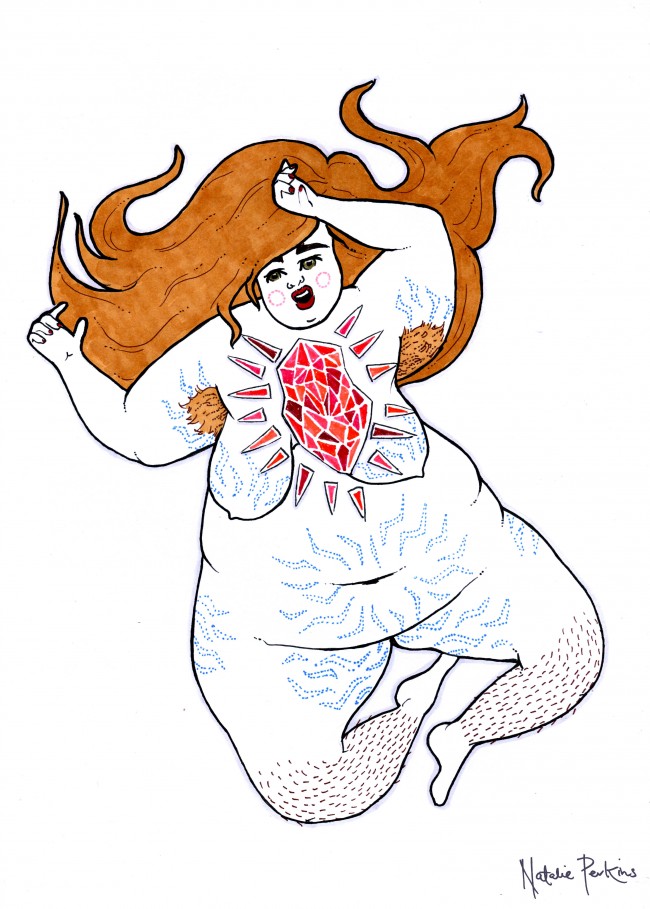 Marker drawing of a fat person with a large shining red gem for a heart.