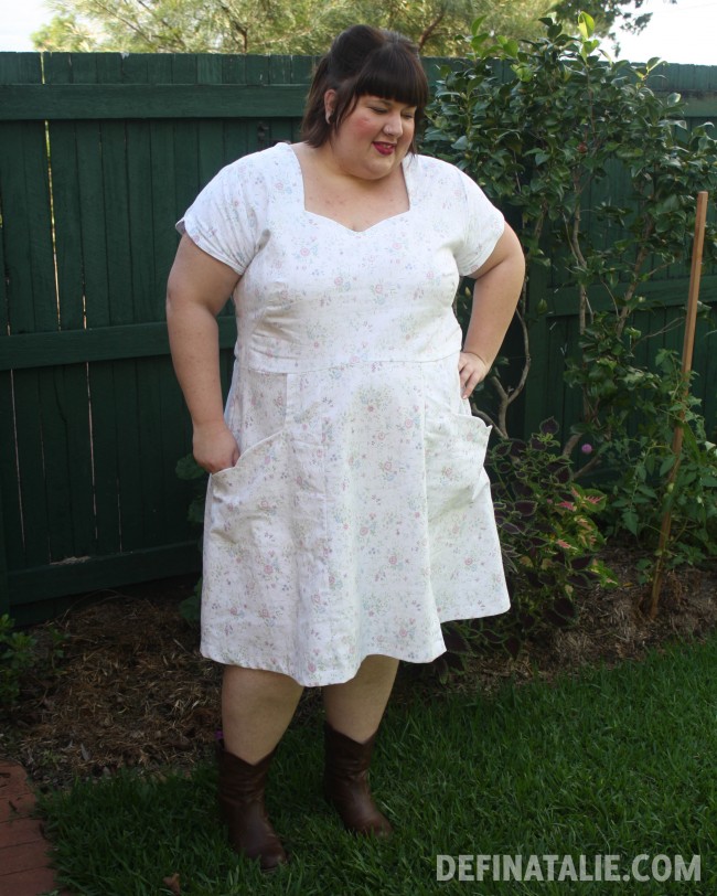 Modeling my cream floral dress with sweetheart neckline, scalloped sleeves, french curved darts, scalloped pockets and a-line skirt.