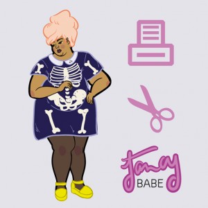 The Fancy Babe paper doll is available as a PDF download. Print, snip, dress!