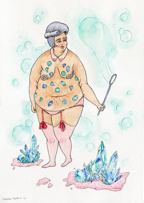Watercolour and ink illustration of a fat brown-skinned babe wearing gems all over her top half and red bow suspended stockings. Crystals in puddles of pink frosting are on the ground while aqua bubbles float in the air as she makes a bubble.