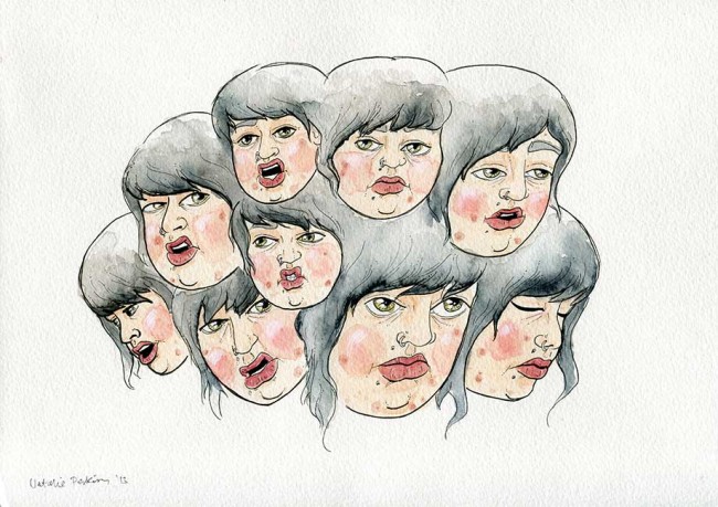 Watercolour and ink illustration of a cluster of nine of my heads all making different facial expressions.