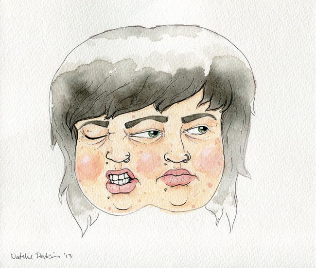 Watercolour and ink illustration of two of my heads, the left making an exaggerated expression of disgust, the right looking off to the side with a blank expression.