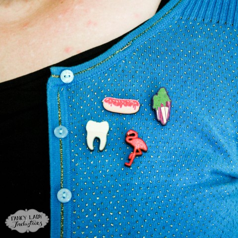 Sweet'n Creepy pins - small printed plywood pins: tooth, finger bun, slime crystal and flamingo.