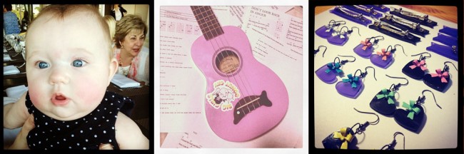 Three Instagram photos of my niece Emmerson; my lilac/ pink ukulele; earrings and other accessories I made for Fancy Lady Industries.