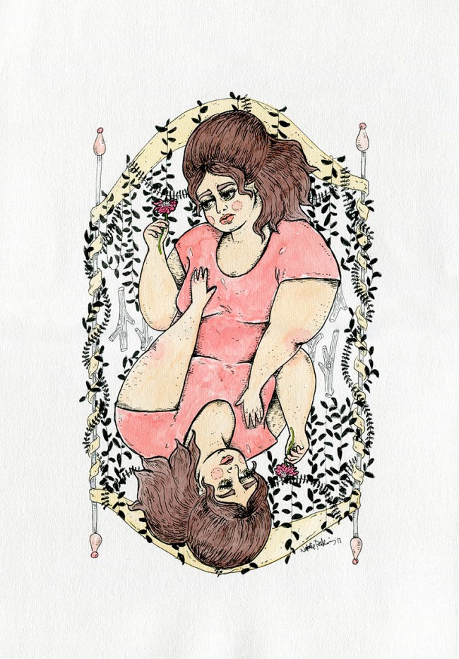 A watercolour and ink illustration depicting a fat white woman with brown hair holding a pink flower reflected in the style of a Queen card in a deck of cards. A banner entwined with leaves and some twigs  are in the background framing the vertically reflected figure.