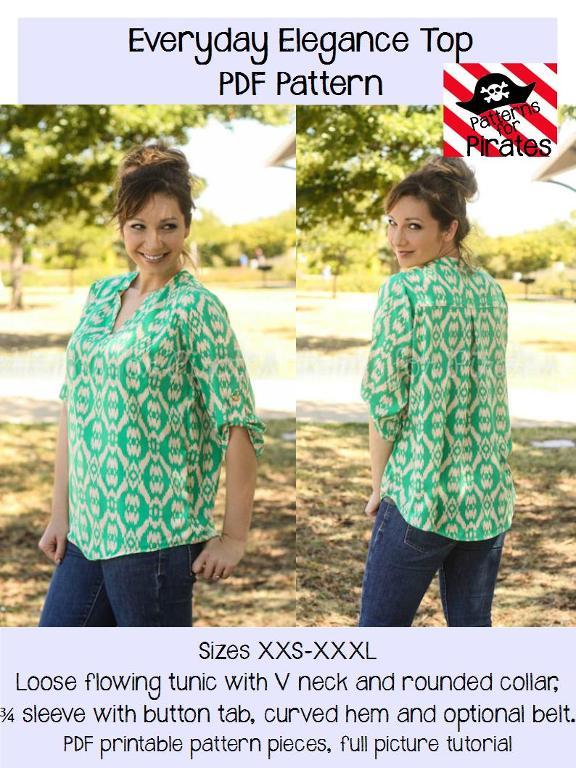 A comfortably fitting top with 3/4 sleeves and button tab, v neck and rounded collar. 