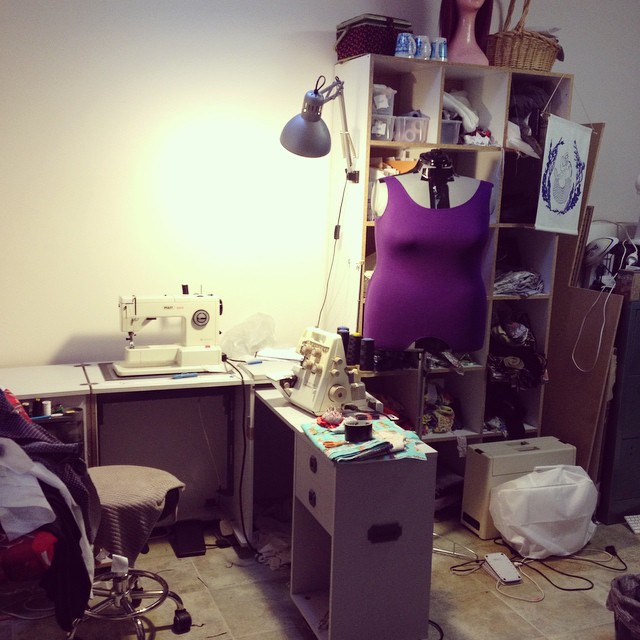 My very messy/ productive sewing corner. Featuring my new dress form!