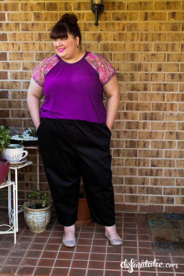 Here I model my new black pants. The cotton sateen unfortunately highlights all the fit issues! I'm wearing them with my purple GreenStyle Creations raglan top.
