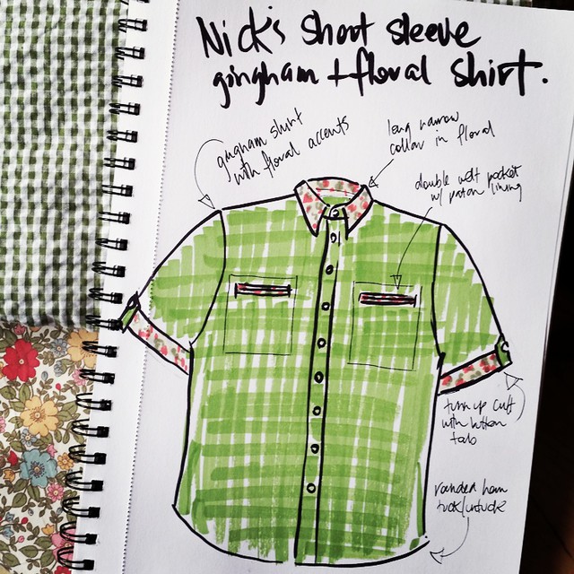 My sketch of Nick's shirt along with the green gingham seersucker and floral fabric combination I plan to use.