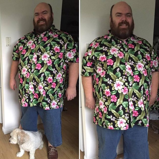Here is Nick wearing a Simplicity 4975 shirt with short sleeves, made out of a gorgeous pink hibiscus on black background print. Miffy is an unwilling participant in this photo. 