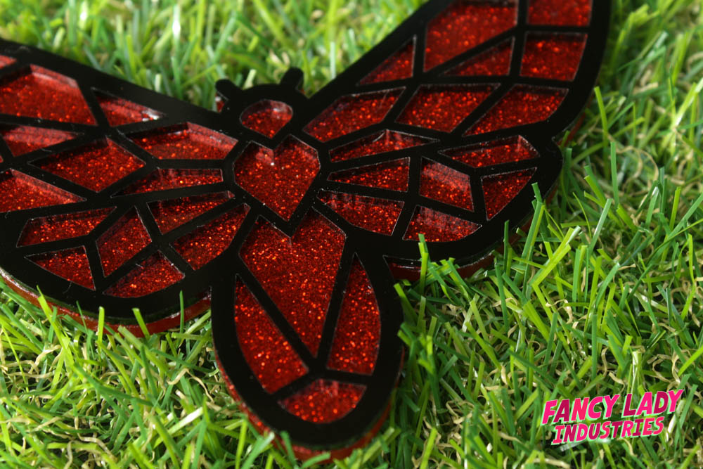 Red glitter moth necklace