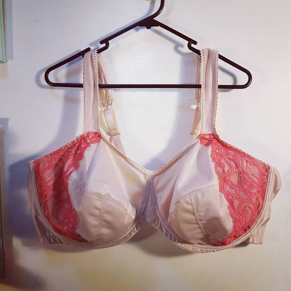 This bra uses the beige bra kit from Bra Maker's supply as well as some coral lace positioned as a kind of power bar on the side of the cups. I am not fond of it, and wish I knew how to extend the scalloped lace up the strap. 