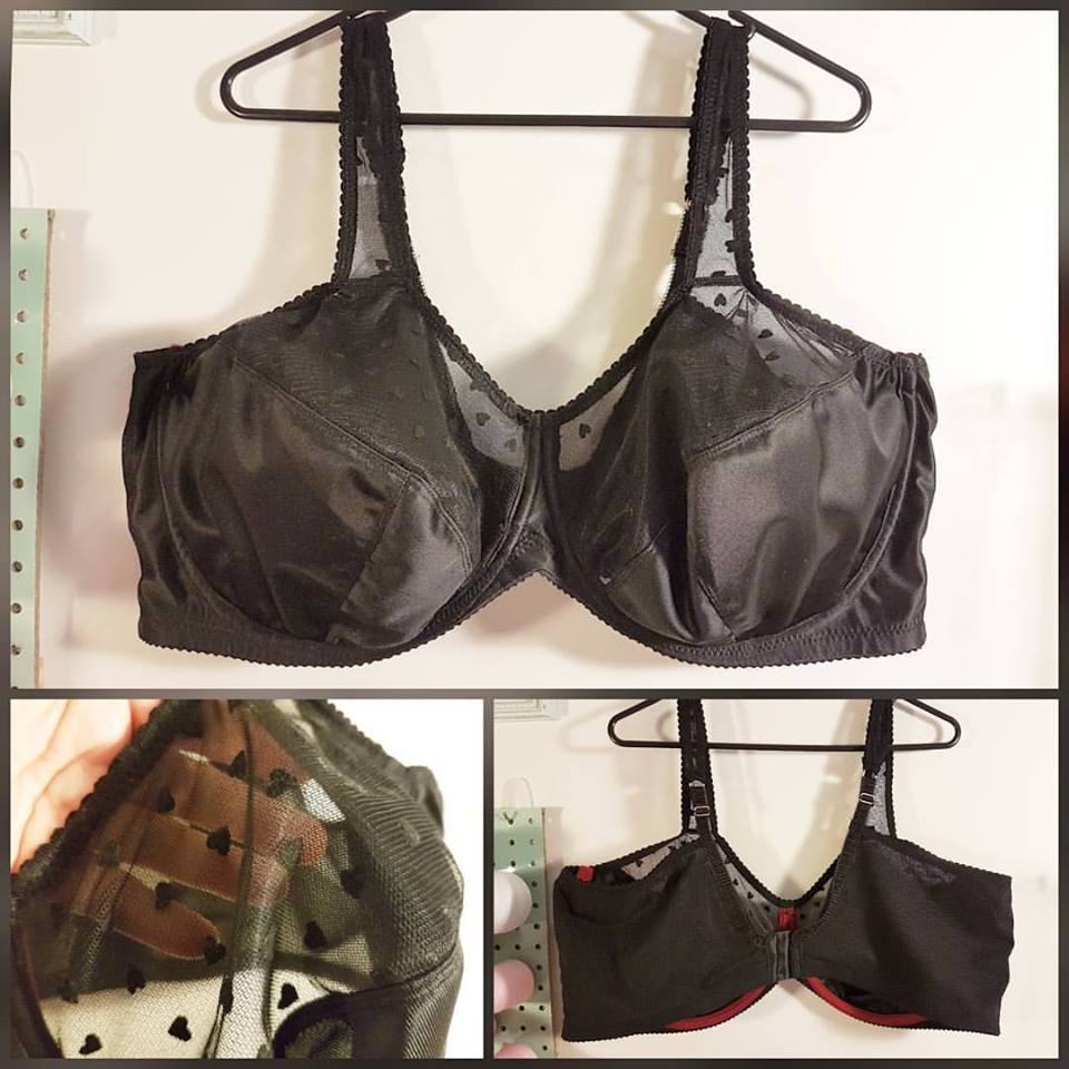 My favourite bra to date uses black duoplex as well as a sheer net with flocked hearts on the upper cup, and a sheer bra lining behind it for stability.