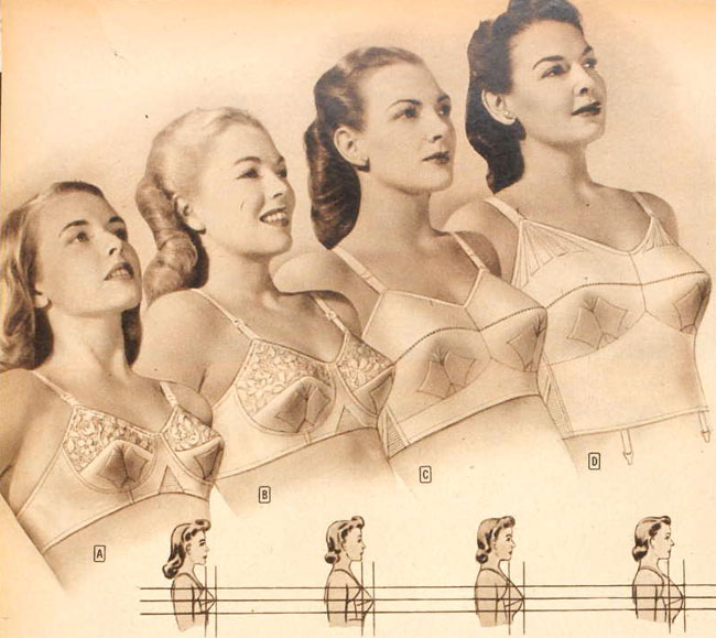 This vintage ad for Charmode Cordtex bras illustrates sizing from small cups to large. Notice the longer frame for the largest size? That doesn't really work for larger stomachs and will ride up under the bust! Plus notice the style gets decidedly less lacy and delicate as the style increases. Some things never change...