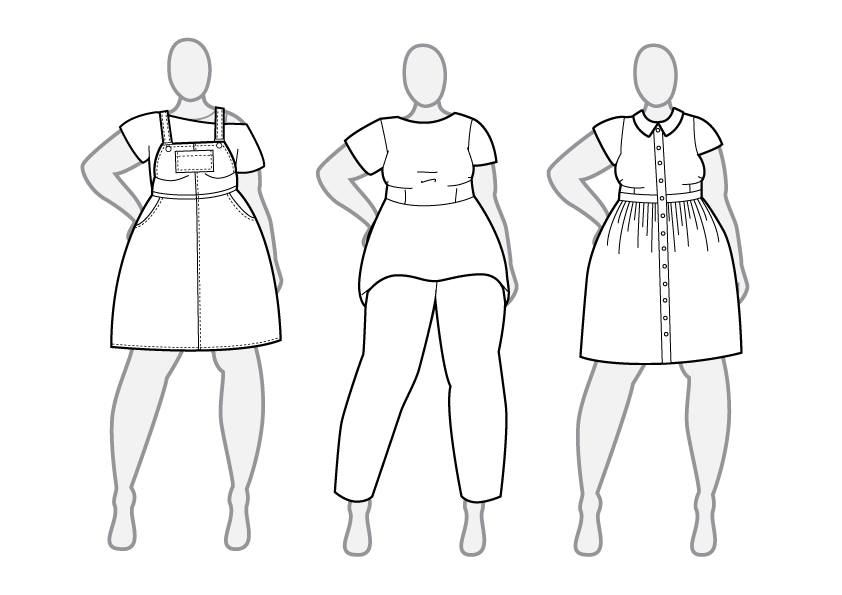 These are my first few drawings of patterns I'd like to try and design, including: an overall dress; peplum top; and shirt dress.