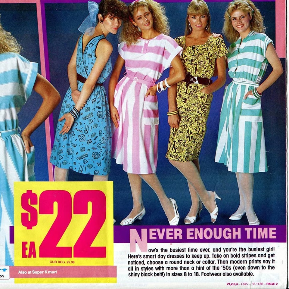 A section of a 1986 Kmart catalogue featuring 4 dresses that are very of their time in blue, pink stripe, yellow and turquoise stripe.