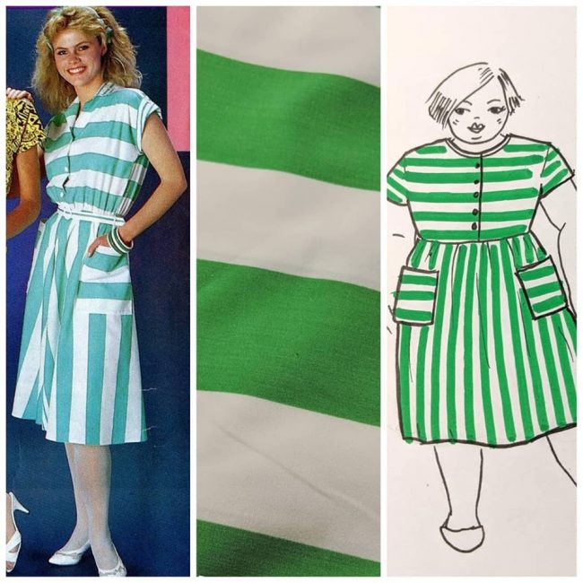 Collage: the photo from 1986 of a woman wearing a turquoise wide striped dress; green wide stripe fabric; and a sketch of a plus size woman wearing a green striped dress in a similar style to the original.